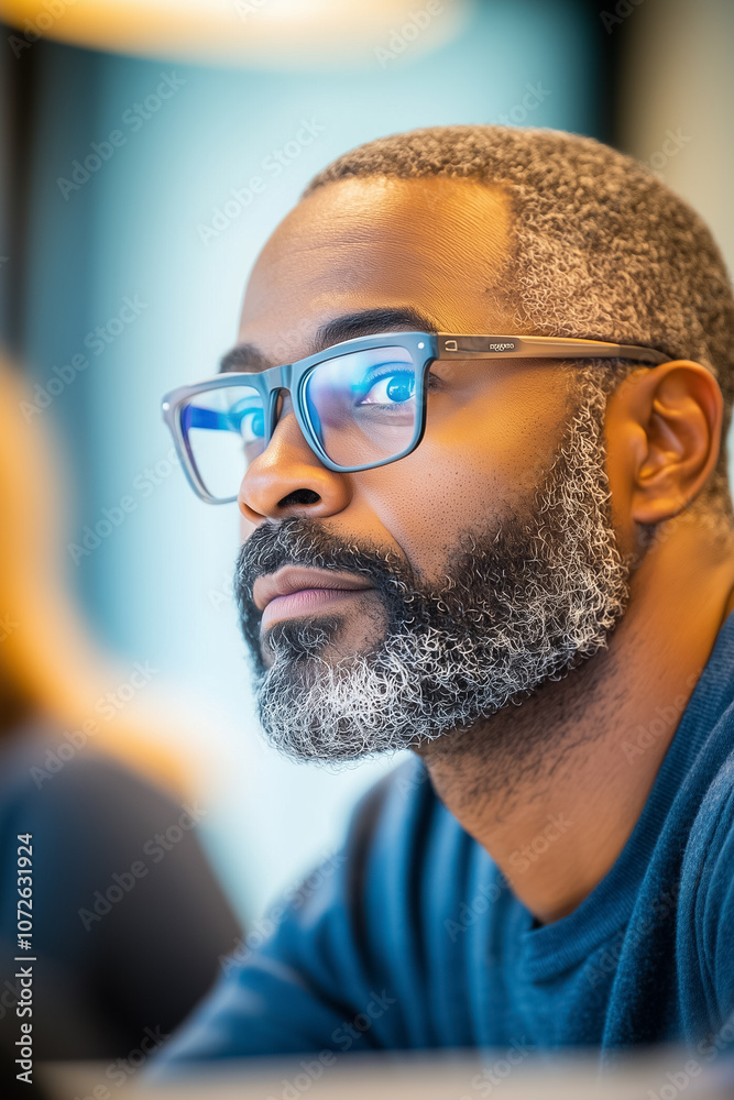 Obraz premium A bearded man with glasses listens intently during a group discussion in a bright, modern workspace