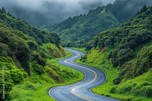 Winding road through lush green hills on a cloudy day