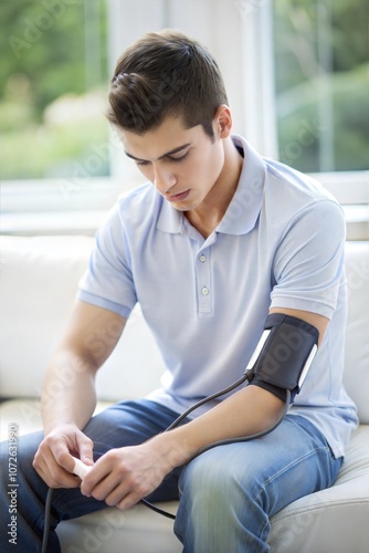 Young Man Checking His Blood Pressure