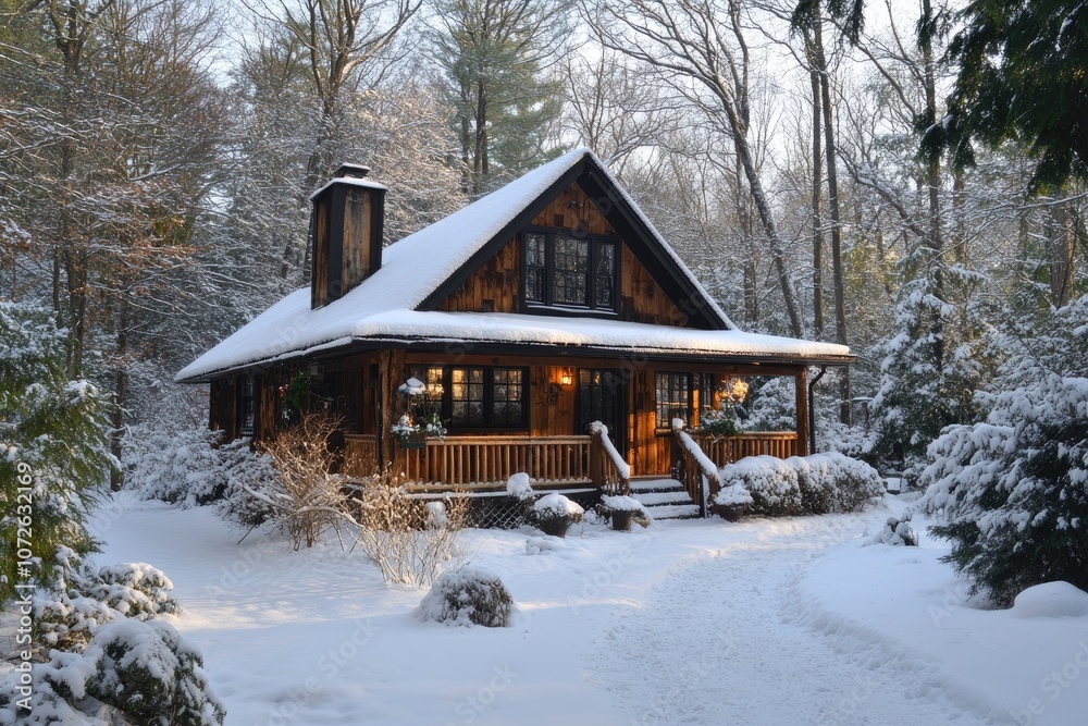Cozy wooden cabin nestled in a snowy winter wonderland Cozy wooden cabin nestled in a snowy winter wonderland