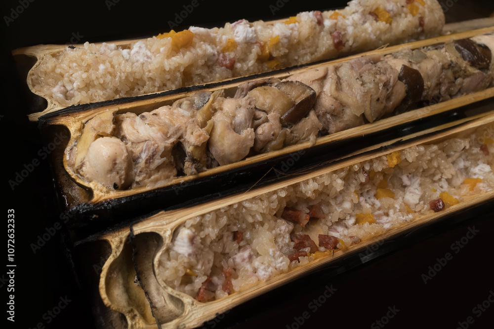traditional bamboo baked chicken sticky rice
