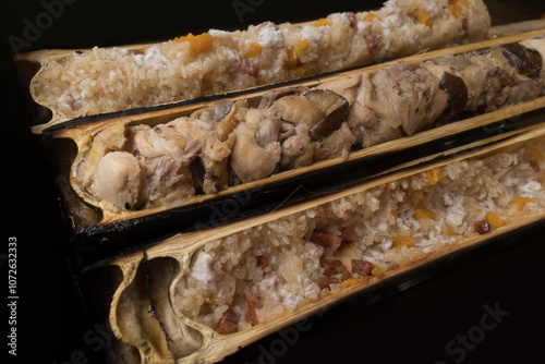 Obraz na płótnie traditional bamboo baked chicken sticky rice w salonie