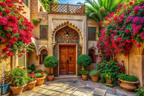 Aerial View of a Rustic House Entrance Featuring Arabic Architectural Elements Surrounded by Vibrant Red Flowers on a Charming Side Wall in a Serene Landscape