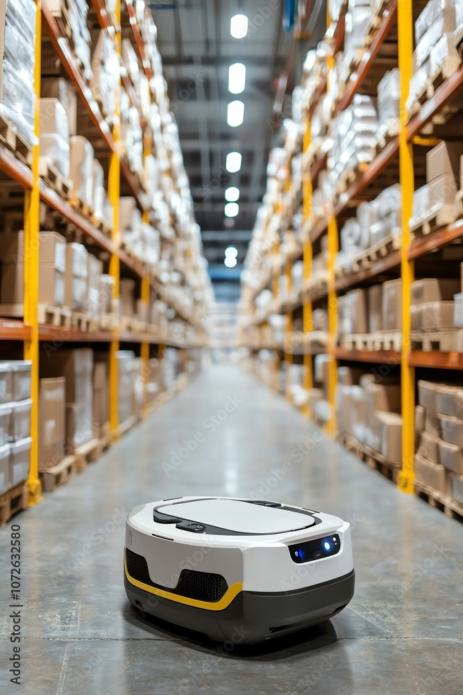 Obraz premium Smart warehouse logistics, autonomous guided vehicles, automated storage systems, drone delivery systems, laser guidance paths, futuristic industrial design