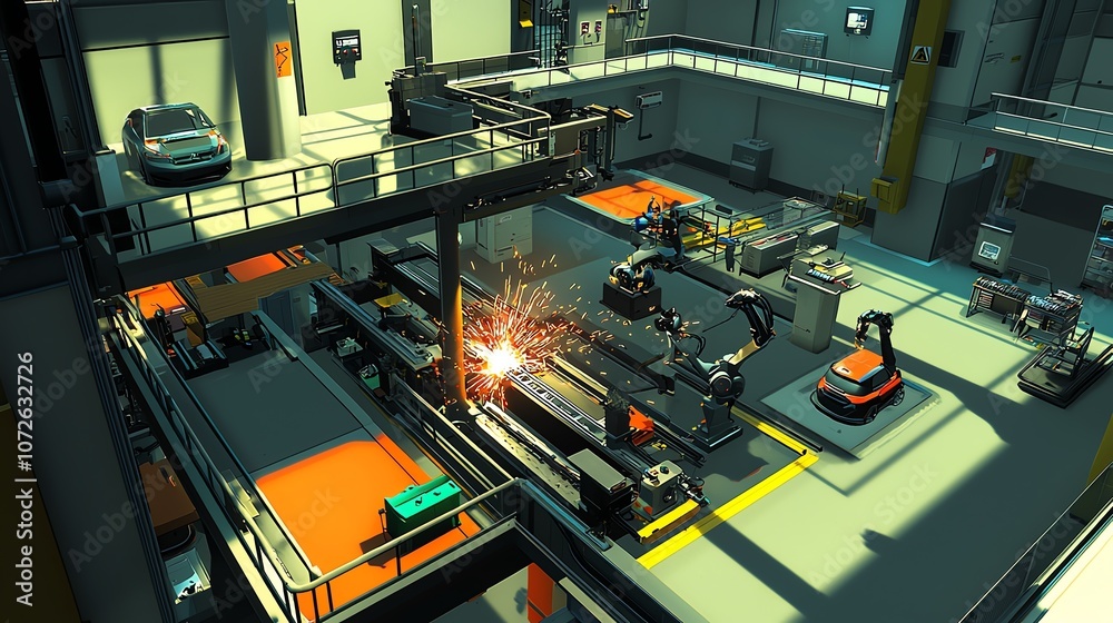 Automated assembly line with robotic arms precisely welding car components Automated assembly line with robotic arms precisely welding car components