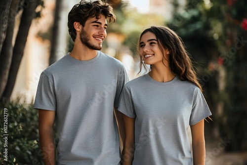 Couple T-shit mockup, A male and female model standing side by side, both wearing plain white t-shirts. The t-shirts have a classic cut