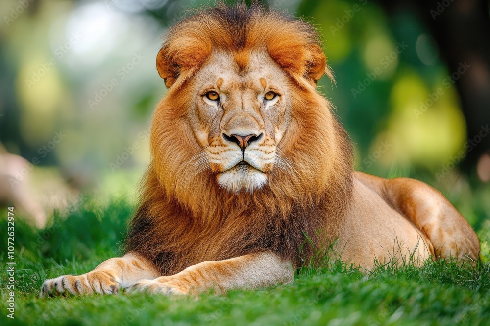 Majestic male lion resting in the grass with intense gaze Majestic male lion resting in the grass with intense gaze