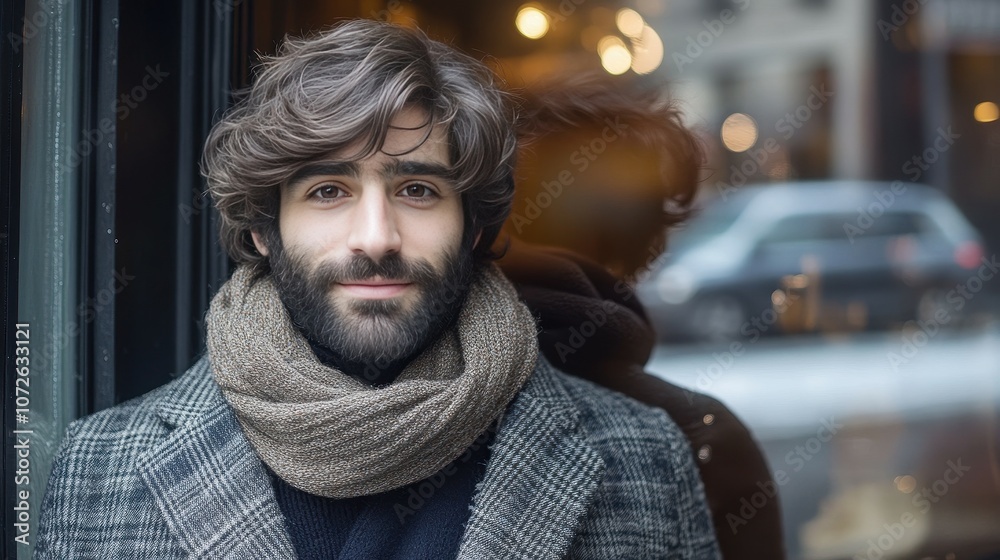 A man with a beard and a scarf is standing in front of a window. He is smiling and looking at the camera. The scene takes place in a city, with a car parked outside the window A man with a beard and a scarf is standing in front of a window. He is smiling and looking at the camera. The scene takes place in a city, with a car parked outside the window