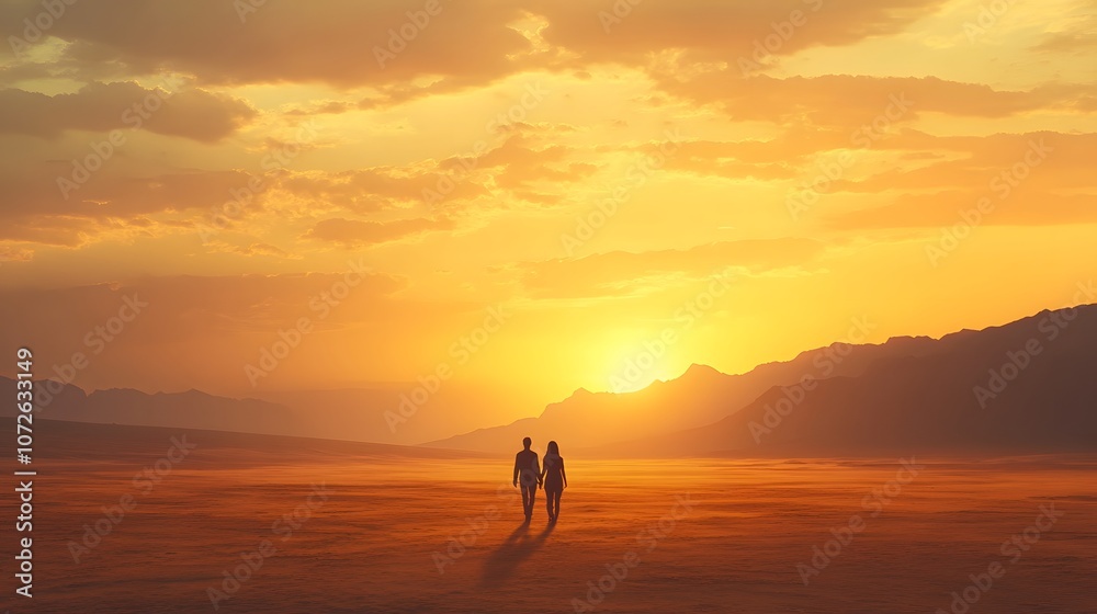 A couple walking through a vast empty desert at sunset A couple walking through a vast empty desert at sunset