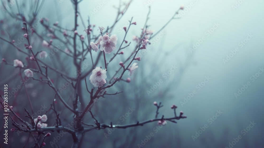Tranquil cherry blossoms in misty morning serenity Tranquil cherry blossoms in misty morning serenity