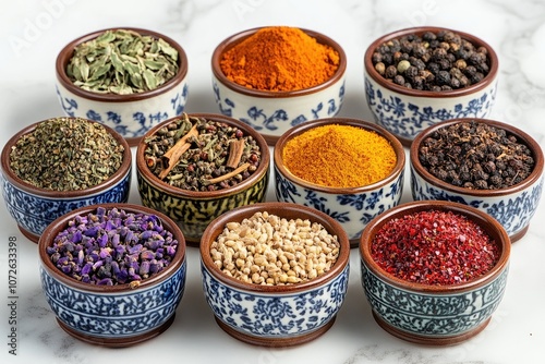 Colorful various spices and herbs in porcelain bowls for cooking delicious food