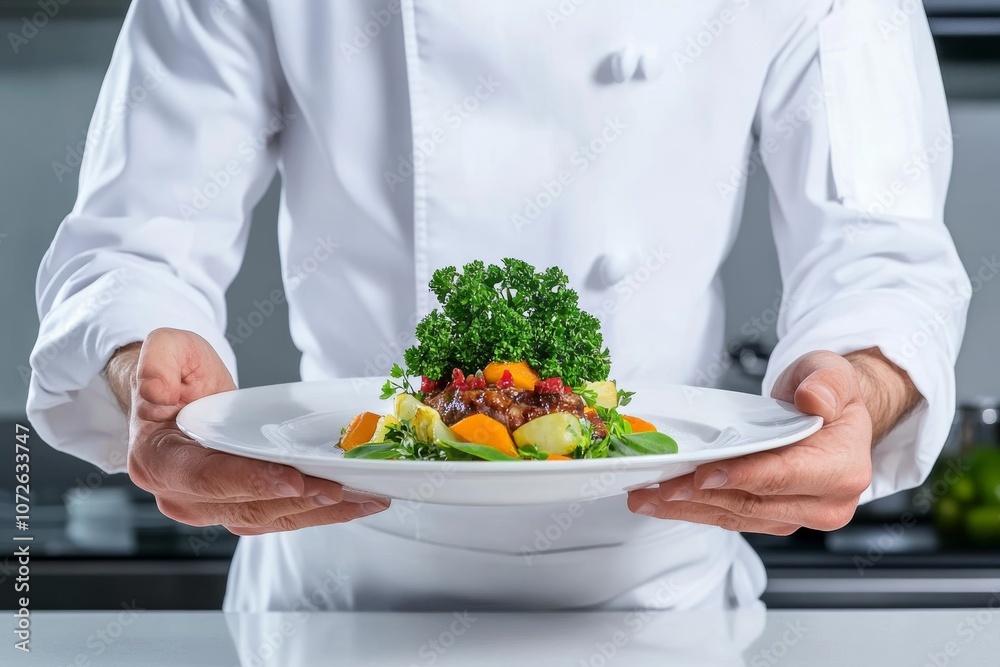 A chef presents a beautifully plated dish featuring vibrant vegetables, showcasing culinary artistry in a modern kitchen setting.