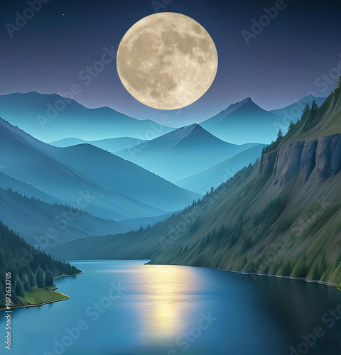 Moon light on a mountain lake