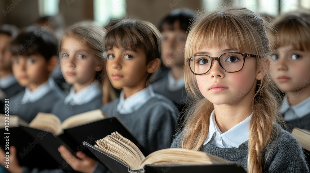 A group of children are sitting in a classroom and reading a book. The girl in the middle is wearing glasses and is reading a book A group of children are sitting in a classroom and reading a book. The girl in the middle is wearing glasses and is reading a book