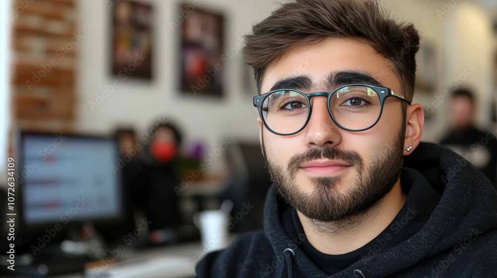 A man with glasses is smiling at the camera. He is wearing a black hoodie and is sitting in front of a computer A man with glasses is smiling at the camera. He is wearing a black hoodie and is sitting in front of a computer