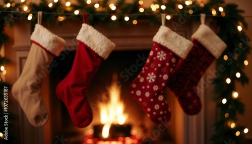Christmas stockings hanging over cozy fireplace decorated with lights and greenery