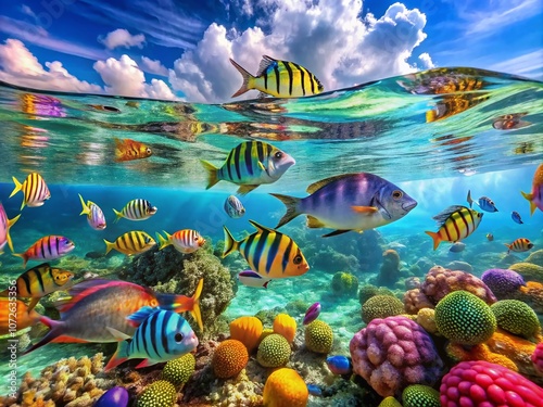 Aerial View of Colorful Fish Swimming in Crystal Clear Water, Capturing the Beauty of Aquatic Life from Above with Vibrant Patterns and Natural Habitat Surroundings