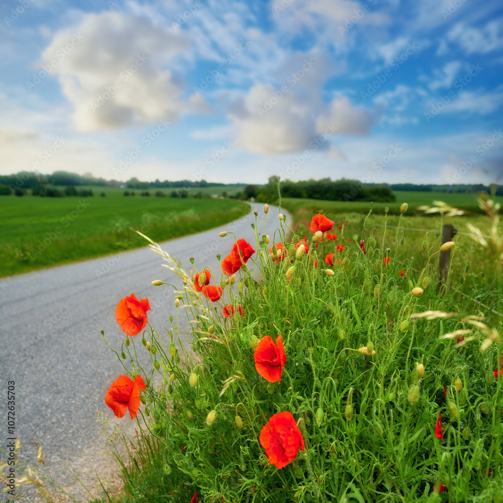 Obraz premium Landscape, poppies and flowers by road, sky and outdoor with clouds, growth or travel infrastructure for journey. Floral plants, bush or shrub on field, horizon and environment at location in Denmark