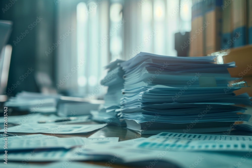 Collection of business analytics charts and graphs stacked on each other on paper on desk in office Collection of business analytics charts and graphs stacked on each other on paper on desk in office