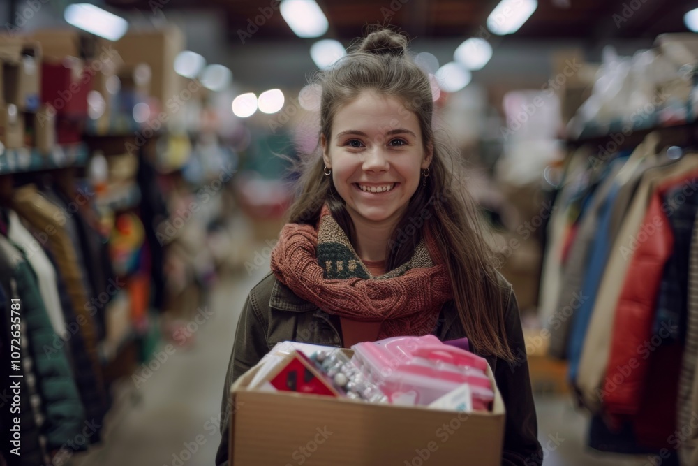 Cheerful young woman holding a box of donated items in thrift store Cheerful young woman holding a box of donated items in thrift store