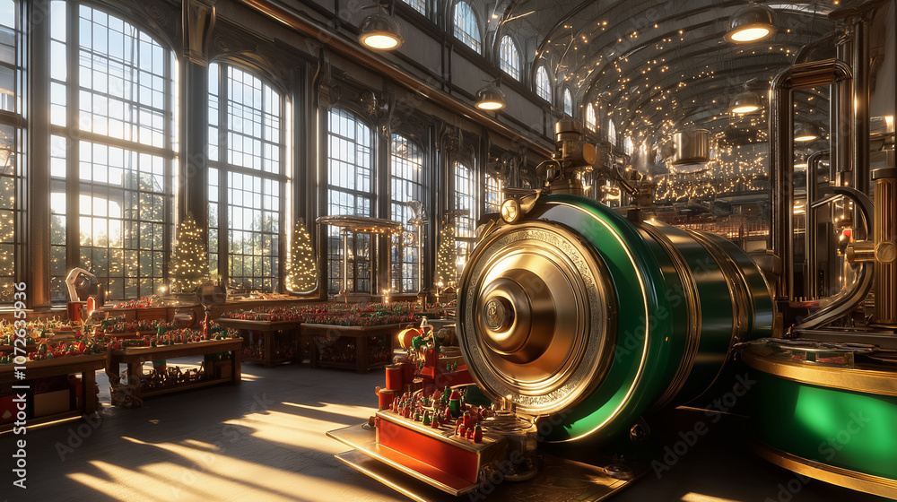 Fototapeta premium Inside a bustling workshop adorned with twinkling lights, a grand green train captures the spirit of the holiday season
