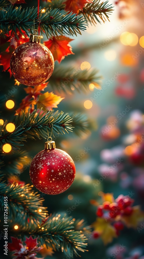 Festive christmas tree with ornaments and holiday lights in warm glowing atmosphere Festive christmas tree with ornaments and holiday lights in warm glowing atmosphere