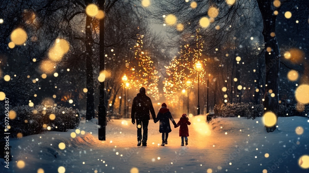 Fototapeta premium A snowy winter night with a family walking through a park, surrounded by glowing festive lights, celebrating the holiday season
