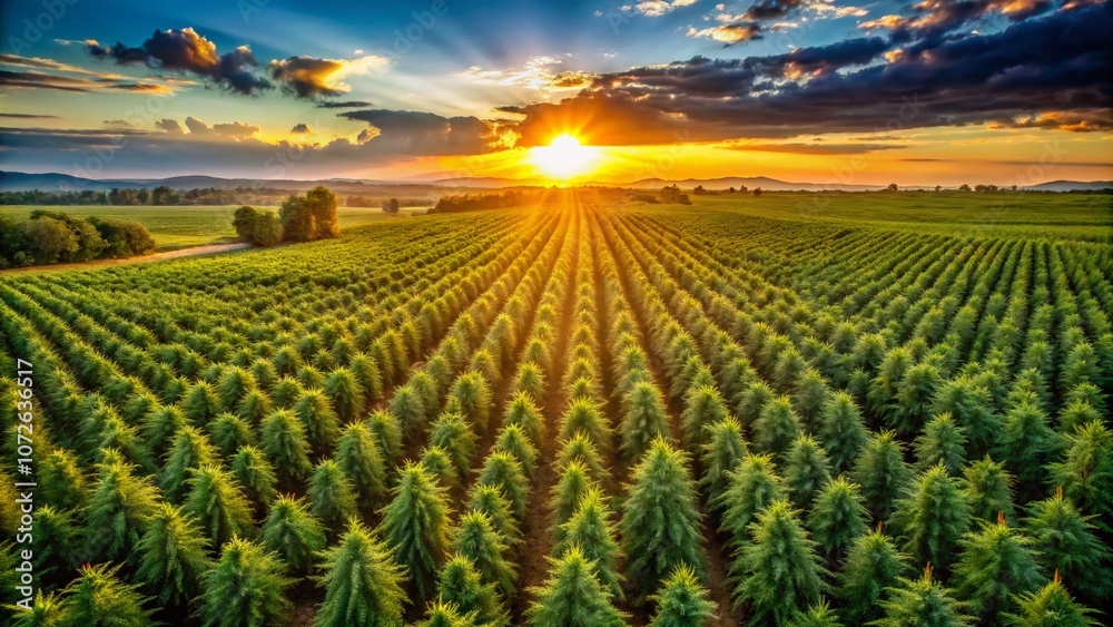 Aerial View of Expansive Medical Marijuana Hemp Fields at Sunset Showcasing Lush Greenery and Natural Beauty in a Serene Landscape Aerial View of Expansive Medical Marijuana Hemp Fields at Sunset Showcasing Lush Greenery and Natural Beauty in a Serene Landscape