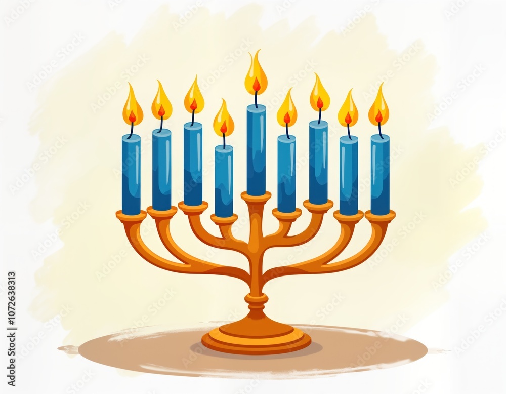Golden menorah with nine blue candles lit for Hanukkah festival. Traditional Jewish holiday symbol. Candles on a menorah are glowing with bright flames. Festive decor for Hanukkah celebration. Golden menorah with nine blue candles lit for Hanukkah festival. Traditional Jewish holiday symbol. Candles on a menorah are glowing with bright flames. Festive decor for Hanukkah celebration.