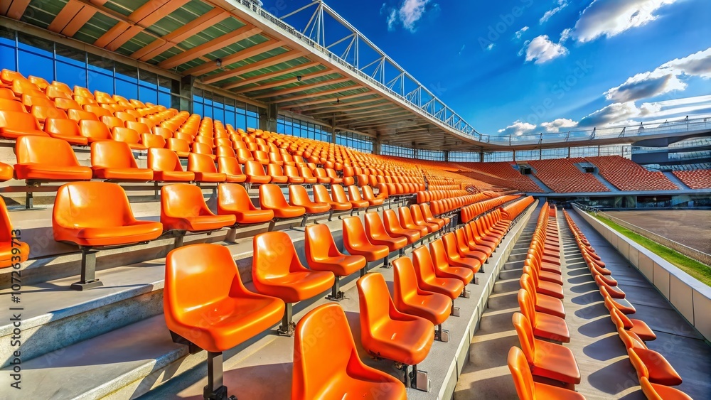 Fototapeta premium Aerial View of Vibrant Orange Sport Seats in an Empty Grandstand at a Modern Stadium, Highlighting the Architecture and Design of Sports Venues