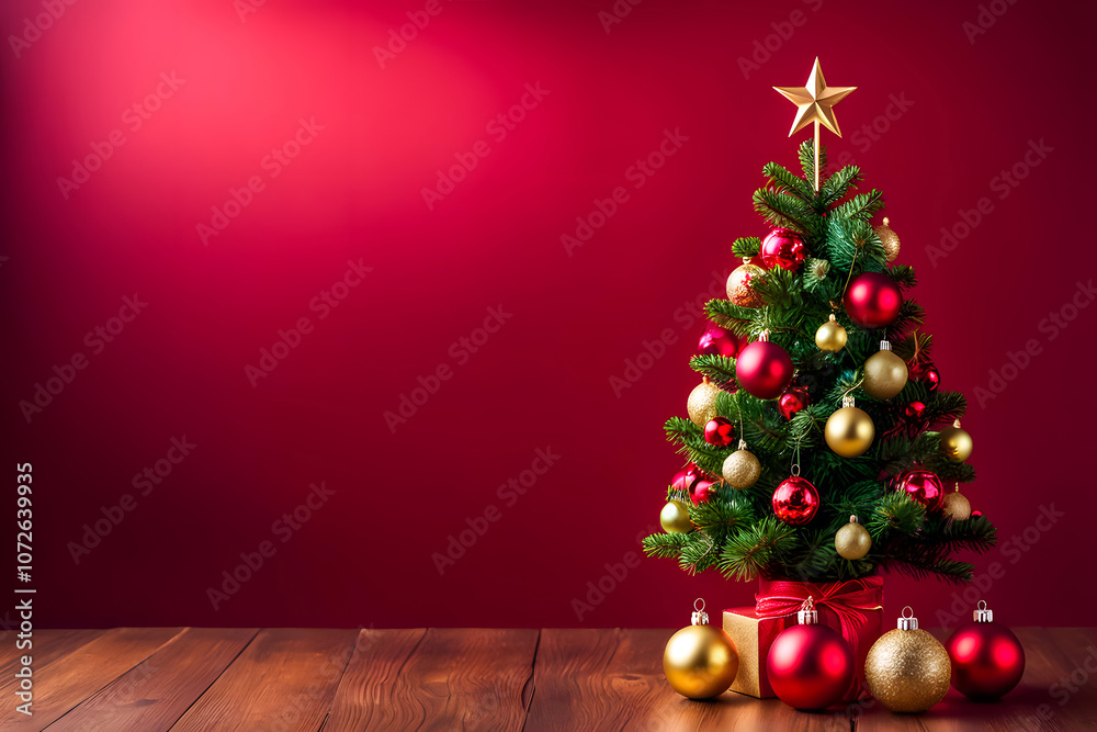 christmas tree with decoration ornaments on red background with copy space greeting text or invitation christmas tree with decoration ornaments on red background with copy space greeting text or invitation