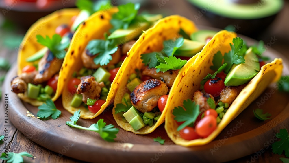 taco platter with a variety of fillings, including grilled chicken, avocado, and fresh cilantro