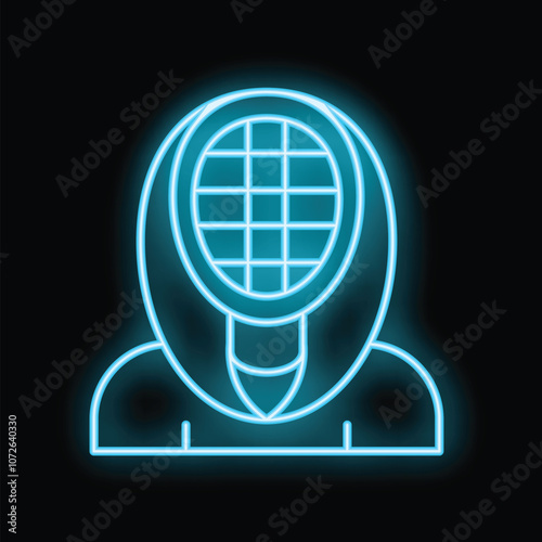 Neon sign illuminating a fencer wearing a protective mask, ready to engage in a duel