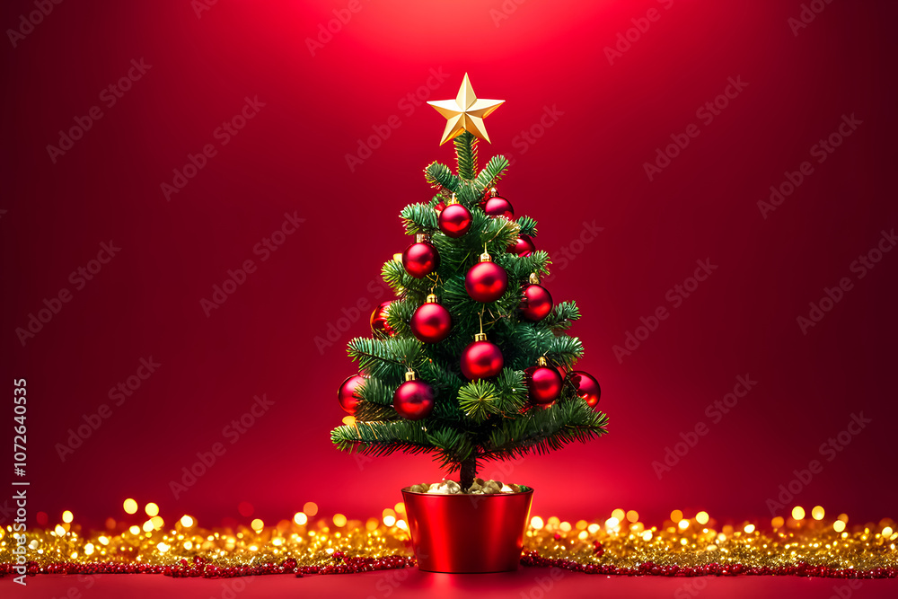christmas tree with decoration ornaments on red background with copy space greeting text or invitation christmas tree with decoration ornaments on red background with copy space greeting text or invitation
