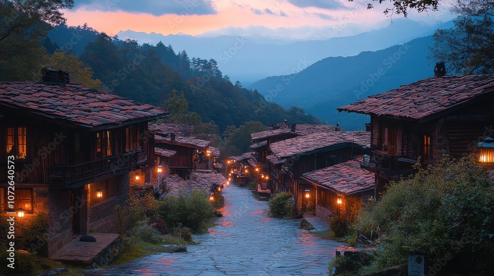 Naklejka premium Mountain Village at Dusk