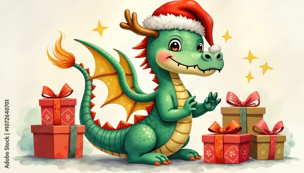 Green cartoon dragon wearing Santa Claus, with reindeer antlers. Dragon holds gifts, festive Christmas illustration. Cute baby dragon holds present boxes, winter holiday concept. Animal, New Year Green cartoon dragon wearing Santa Claus, with reindeer antlers. Dragon holds gifts, festive Christmas illustration. Cute baby dragon holds present boxes, winter holiday concept. Animal, New Year