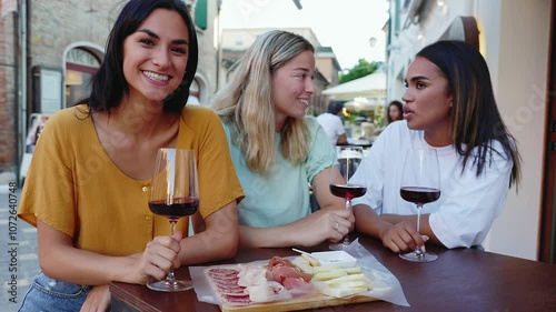 Young happy woman smiling at camera while drinking red wine sitting outside with friends at restaurant table during summer vacation in Italy. Friendship, leisure and travel concept.