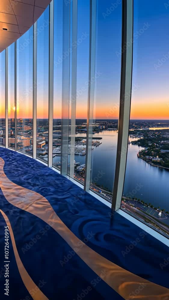A stunning sunset view from a high-rise building overlooking a city skyline and a river A stunning sunset view from a high-rise building overlooking a city skyline and a river