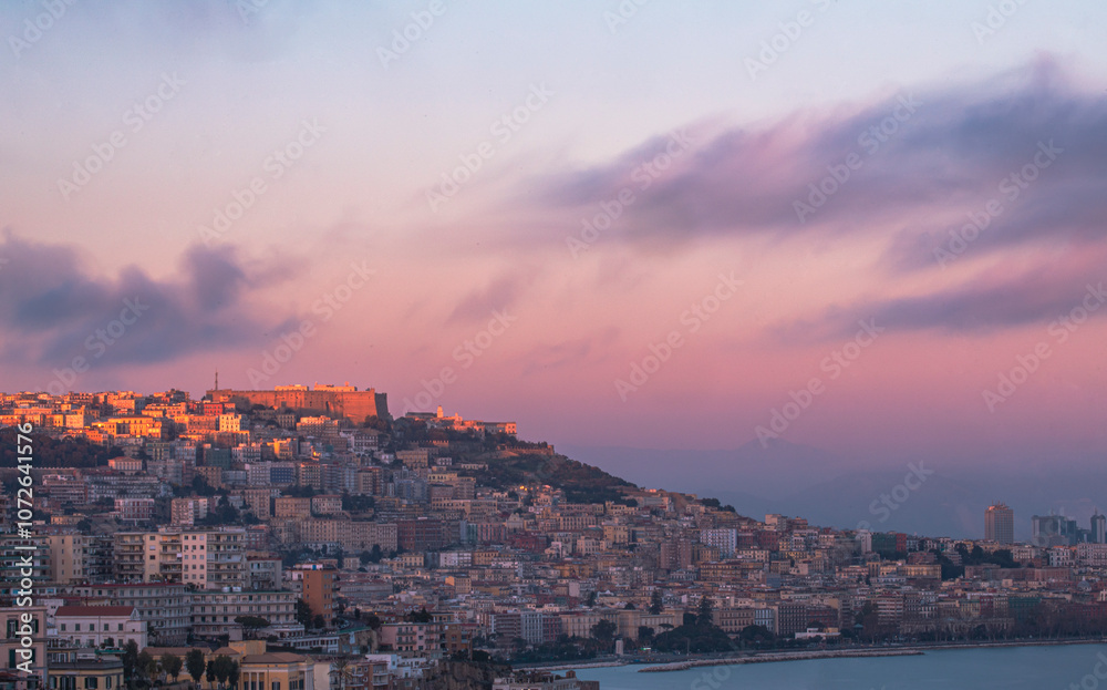 naples at pink sunset, napoli, italy naples at pink sunset, napoli, italy