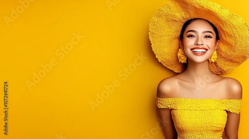 Cheerful woman in yellow attire with a vibrant hat on a bright yellow background. photo