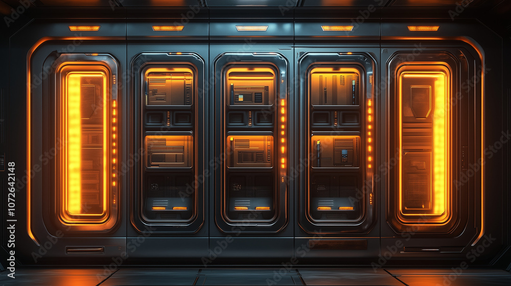 Obraz premium Futuristic sci-fi corridor with illuminated control panels and sleek metal doors, glowing in warm orange light