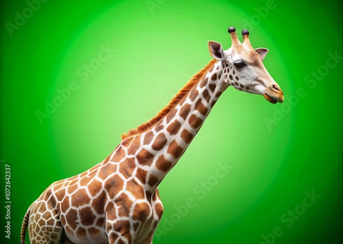 Animation of a White Wild Giraffe Rotating with Shadow on Green Chroma Key Background, Captured in Macro Photography for Stunning Visual Effects in 4K Resolution photo