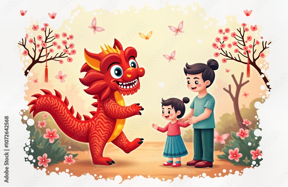 Naklejka premium Red dragon with yellow details, happy expression meets smiling family. Young girl holds father hand in peaceful scene, decorated with pink flowers, flying butterflies. Cartoon illustration with