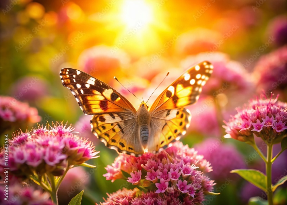 Fototapeta premium A Painted Lady Butterfly on Pink Flowers in a Sunlit Garden at Golden Hour - Captivating Portrait Photography for Nature Lovers