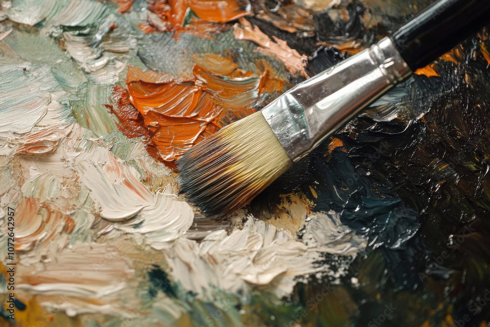 Close-Up of Paintbrush with Mixed Oil Paints in Earth Tones on Palette Close-Up of Paintbrush with Mixed Oil Paints in Earth Tones on Palette