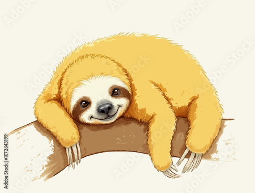 A cartoon smiling sloth with yellow hair sitting on a tree branch, childish illustration style.