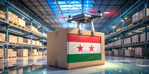 Wallpaper Mural A Robot in a Warehouse Interacting with a Package Wrapped in the Syria Flag, Showcasing Robotics, Automation, and Modern Logistics in a High-Tech Environment Torontodigital.ca