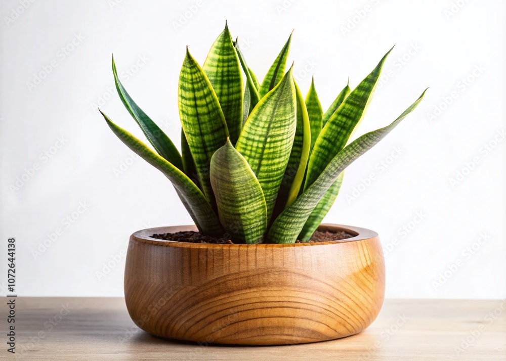 A Serene Snake Plant in a Rounded Wooden Pot on a Clear Background for Architectural Photography and Interior Design Inspiration A Serene Snake Plant in a Rounded Wooden Pot on a Clear Background for Architectural Photography and Interior Design Inspiration