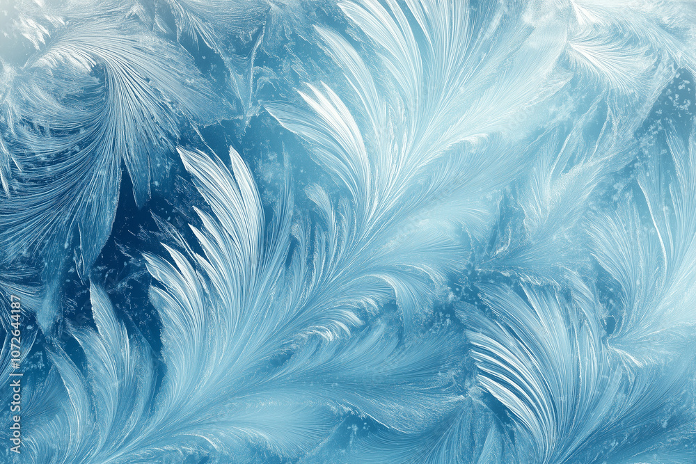 Chilly frost textures on glass. Clear ice crystals forming a wintery background. Close-up of winter frost patterns in cool blue tones. Winter frost background for posters, cards, decoration Chilly frost textures on glass. Clear ice crystals forming a wintery background. Close-up of winter frost patterns in cool blue tones. Winter frost background for posters, cards, decoration