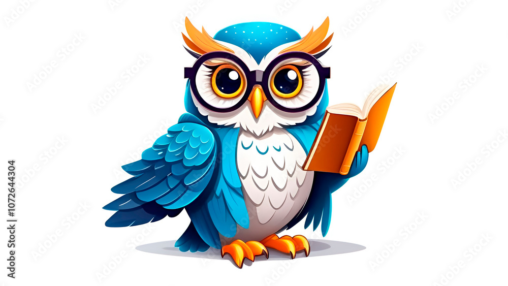 Owl with glasses and a book on a white background.